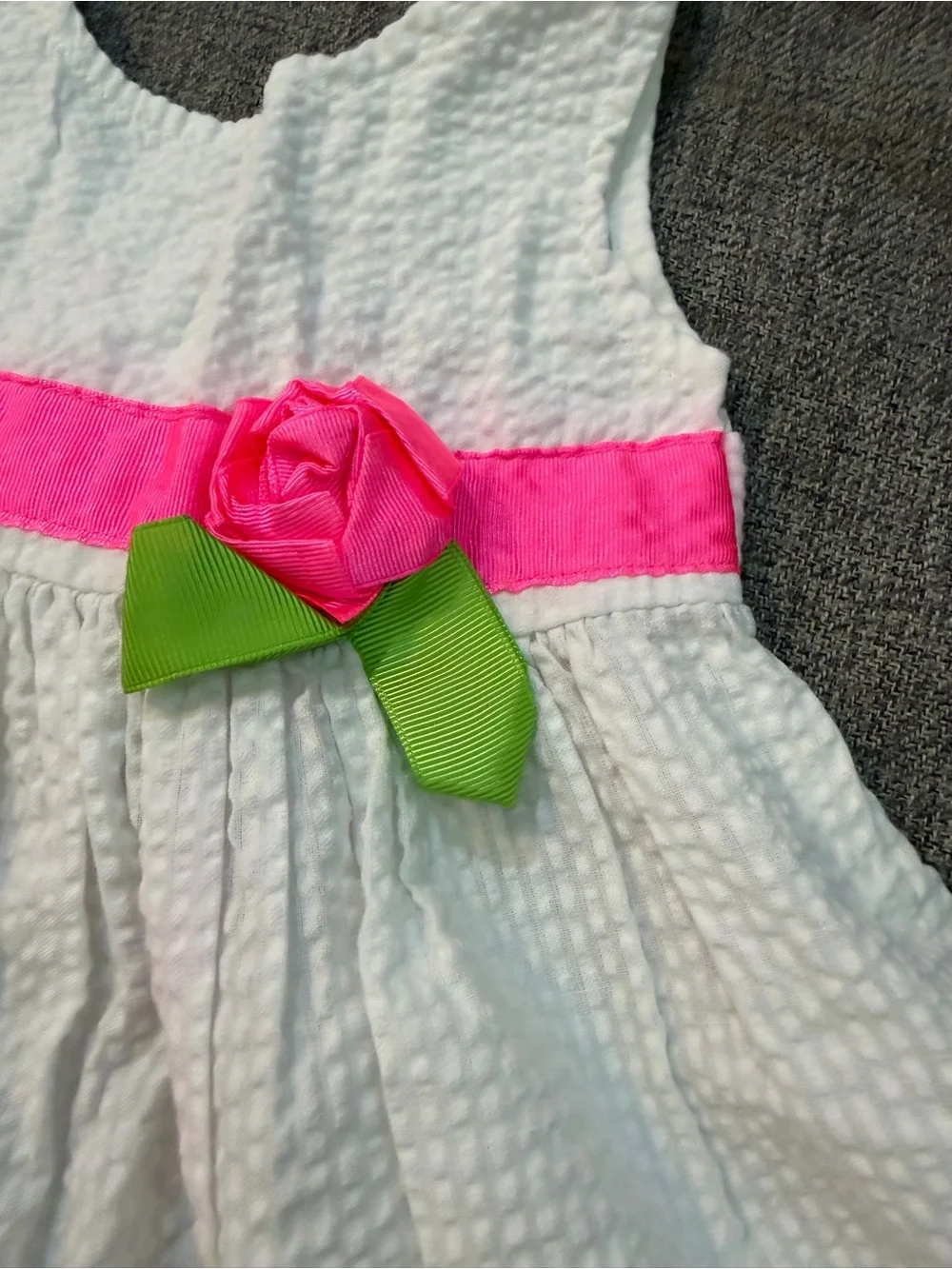 BlueBeri Boulevard White Seersucker Dress Orange Lime Pink Neon Trim size 12m